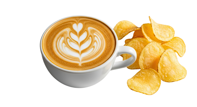 Close Up Cappuccino and Crisp Chips on Pure White Surface