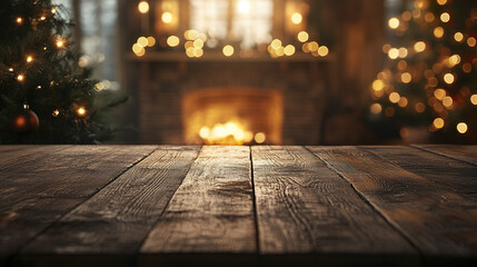 Cozy Christmas atmosphere with blurred view of lit fireplace and tree