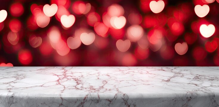 A marble surface sits below blurred red bokeh hearts, creating a dreamy and romantic aesthetic