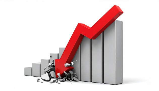 A red arrow dramatically crashing through a bar graph, symbolizing a decline