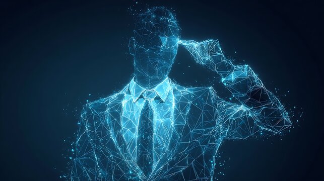 Digital business man saluting. Abstract futuristic low poly hologram of a businessman in a suit on dark background.