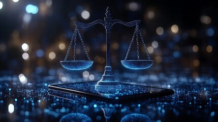 Digital Scales of Justice on Tablet with Blue Bokeh Lights technology legal