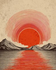 Vivid Red Sun Setting Over Mountain Range with Calming Water Reflections