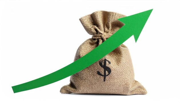 A money bag with the dollar sign has a rising green arrow that symbolizes financial growth - Powered by Adobe