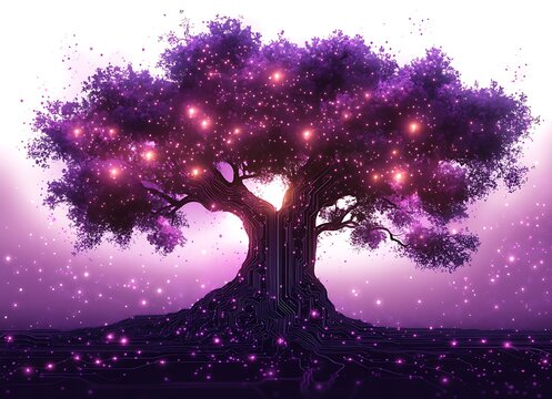 Digital tree with glowing purple lights and circuit board roots technology futuristic