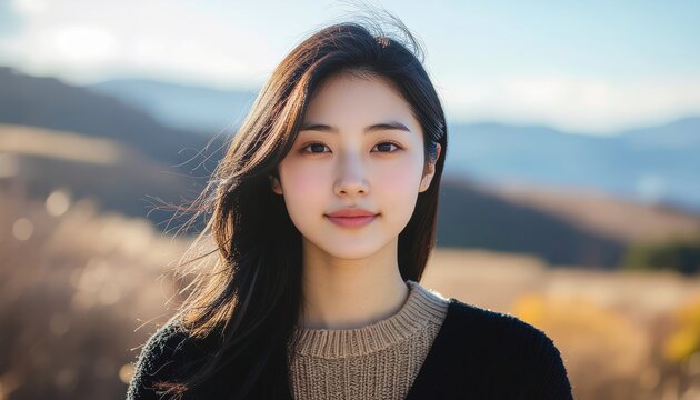 A young woman with long dark hair smiles gently outdoors, blurred background.