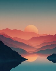Serene Sunset Over Mountain Lake with Soft Color Palette