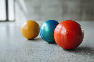 Three colored gymnastic balls on a gray floor of a room