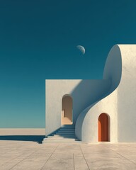 Curved White Architecture with Contrasting Door and Moon Above