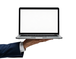 Laptop presentation mockup blank screen hand holding device tech on transparent background