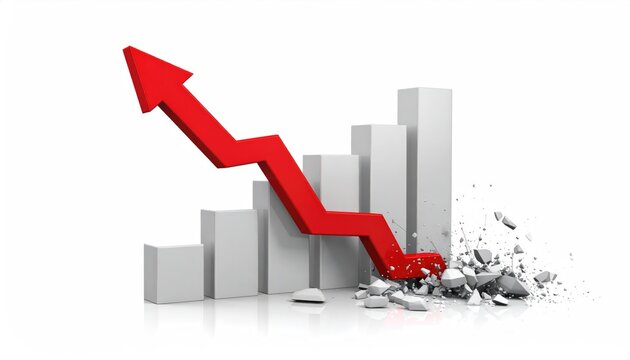 Red rising arrow going down a bar graph, showcasing financial failure