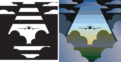 Dynamic airplane soaring through stylized clouds against a vibrant gradient sky, symbolizing progress and adventure.
