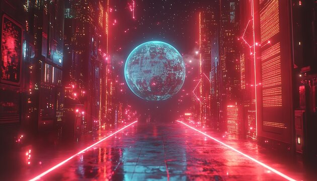 Futuristic cityscape with glowing neon lights and a digital planet science fiction