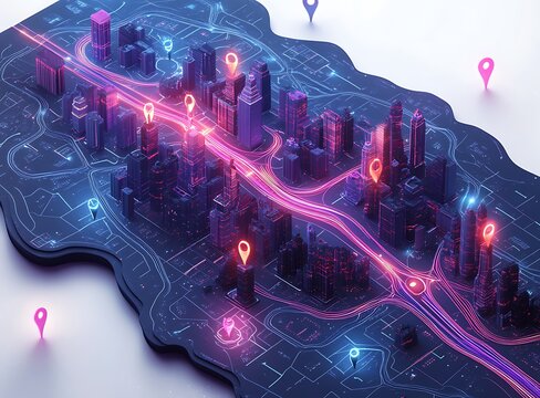 Futuristic city map with glowing neon navigation pins and light trails location