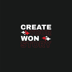 Black t shirt with white text create and won and red arrows on a blue background