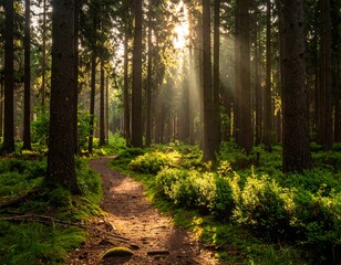 Forest path illuminated by sunlight streaming through the trees