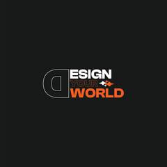 Modern black t shirt with a bold white and orange graphic design that says design for the world