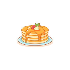 Stack of Pancakes with Syrup Strawberry and Whipped Cream Topping.