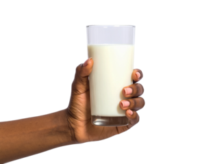 Hand holding glass of milk dairy drink protein calcium nutrition on transparent background