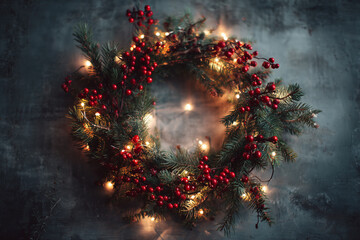 Christmas Wreath Border with Pine Branches, Red Berries, and Festive Lights