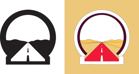 Journey to the horizon, vibrant road leading through stylized desert landscape framed by a circular vista for endless possibilities