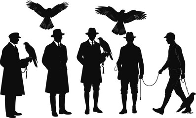 Falconry men silhouette vector illustration, vintage hunters with falcons and hawks, wildlife hunting concept, traditional sport art, retro outdoor bird training design