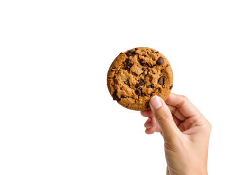 Chocolate chip cookie held in hand isolated on black background on transparent background