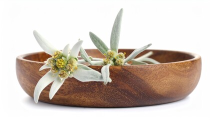 Close-up shot of edelweiss flowers placed inside a wooden bowl, symbolizing natural beauty and purity