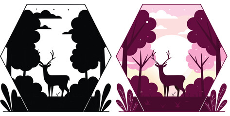 Majestic deer stands peacefully in a stylized forest landscape with soft pink skies, evoking serene nature and wild beauty for your projects.
