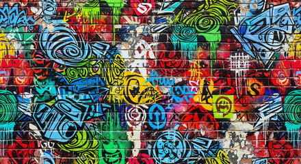 Graffiticovered brick wall with vibrant colors  abstract designs