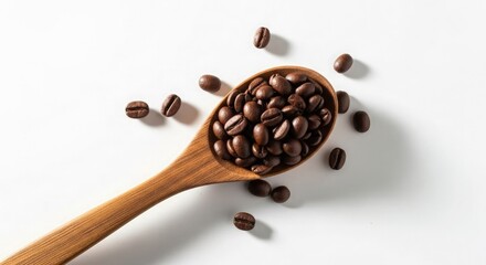 Obraz premium A wooden spoon filled with roasted coffee beans, scattered on a white surface.