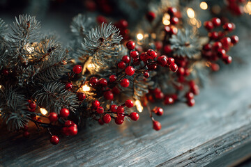 Christmas Wreath Border with Pine Branches, Red Berries, and Festive Lights