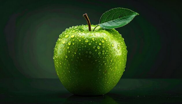 A fresh green apple with water droplets, ready to be enjoyed. The apple has a vibrant color and looks appetizing. It sits against a moody backdrop