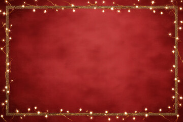 Elegant Gold Frame on Red Velvet Background with Sparkling Christmas Lights