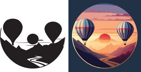 Vibrant hot air balloons soar over majestic mountains at sunset painting the sky with breathtaking hues of orange, pink, and purple.