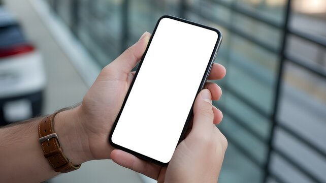 Close-up of hands holding smartphone with blank white screen at dark table, mockup design for app presentation, mobile technology, and internet communication