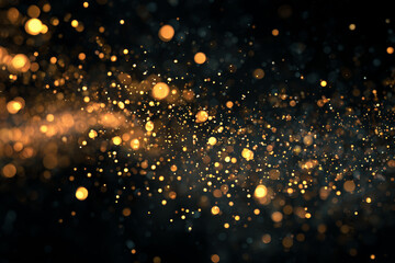 Floating Gold Shimmer Particles Illuminated by Spotlight on Blurred Black Background
