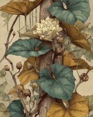 Elegant Botanical Illustration Featuring Leaves and Flowers in Pastels