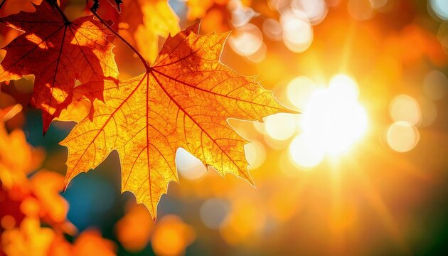 A close-up shot of a bright orange maple leaf illuminated by the sun, with a blurred background of bokeh lights.