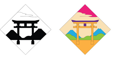 Vibrant Japanese Torii gate scene with colorful mountains and sky, perfect for travel and cultural themes.
