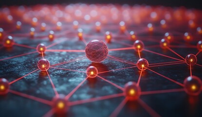 Glowing Red Spheres Connected by Thin Red Lines on Dark Textured Surface network connection
