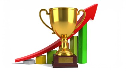 A golden trophy placed on a podium with a rising red arrow and a bar chart, symbolizing growth and achievement. This image captures the essence of success and progress