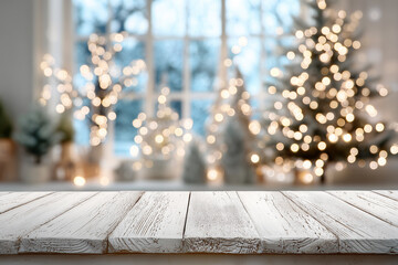 White Wooden Table with Blurred Christmas Tree Lights Background