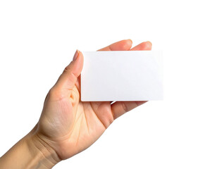 Obraz premium Blank business card mockup held in hand for design presentation on transparent background