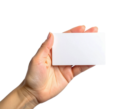 Blank business card mockup held in hand for design presentation on transparent background