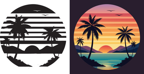 Stunning tropical sunset with palm trees silhouetted against vibrant sky over calm ocean waters