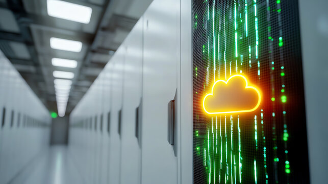 A futuristic data center with cloud computing visuals, representing the intersection of technology and digital infrastructure.