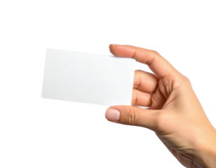 Hand holding blank business card mockup template presentation on transparent background