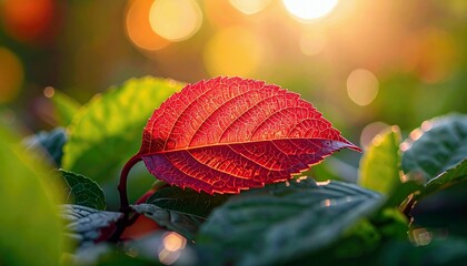 A single red leaf with visible veins is illuminated by warm sunlight, set against a backdrop of green leaves and soft, blurred bokeh lights.