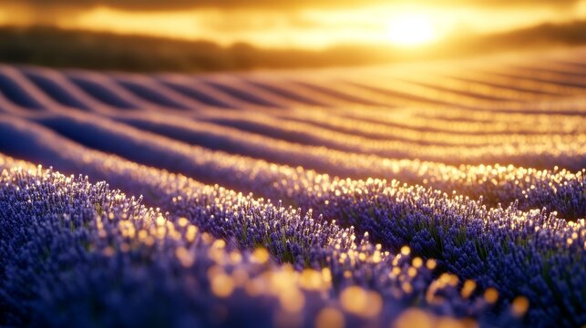 74.A magical sunset over a lavender field, with the rich purple blooms standing out against the vibrant colors of the sky. The golden light of the sun casts long shadows across the rows of lavender,